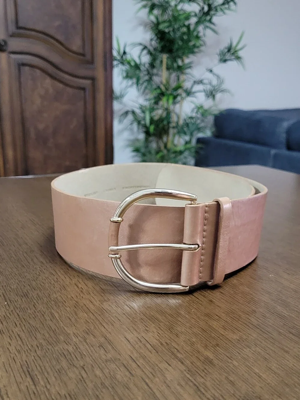 Women's Tan Blush Leather Belt with Gold Buckle 38